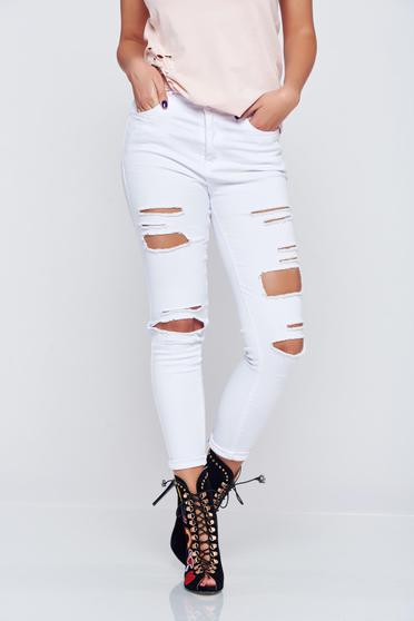 Blugi casual lungi cu rupturi albi cu buzunare