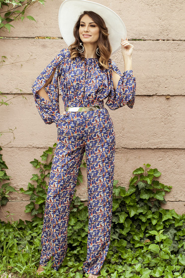 Salopeta lunga cu print PrettyGirl albastra cu maneci decupate