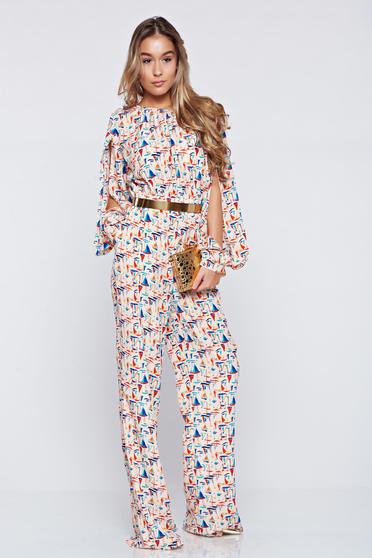 Salopeta lunga cu print PrettyGirl crem cu maneci decupate