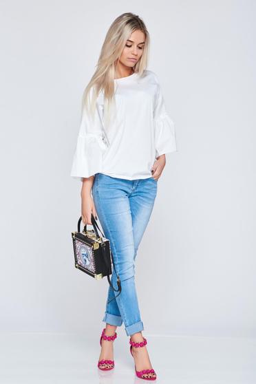 Bluza dama casual din bumbac PrettyGirl alba cu maneci clopot