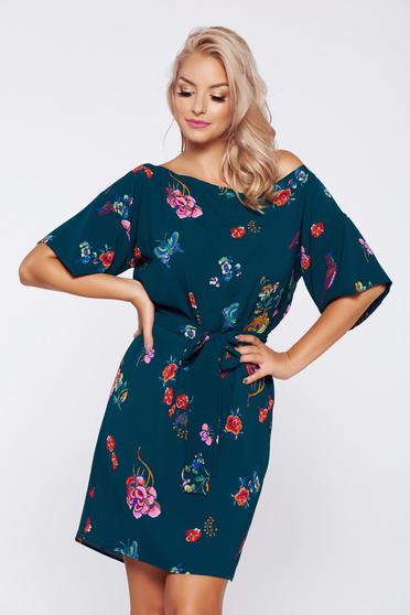 Rochie PrettyGirl verde-inchis cu croi larg cu imprimeuri florale