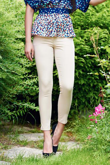 Pantaloni office conici PrettyGirl crem cu talie medie