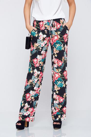 Pantaloni Festival Look by PrettyGirl negri cu imprimeuri florale cu buzunare
