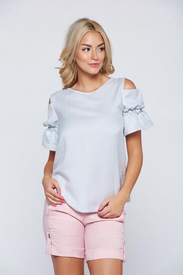 Bluza dama din material vaporos PrettyGirl albastra-deschis cu umeri goi