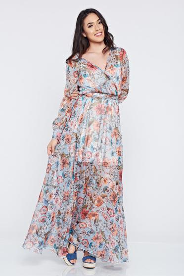 Rochie PrettyGirl portocalie din material vaporos cu imprimeuri florale