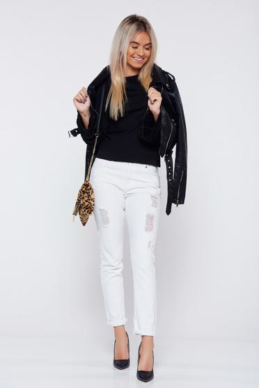 Blugi Top Secret albi casual boyfriend cu talie medie din bumbac cu rupturi