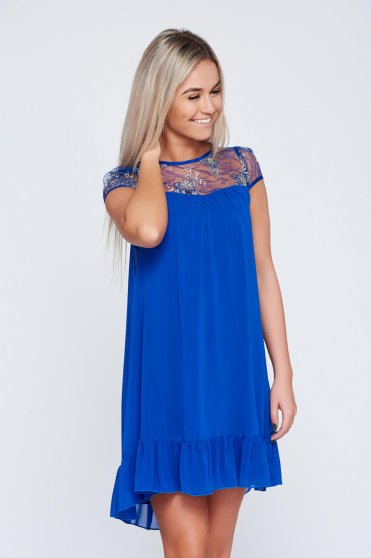 Rochie eleganta din voal Fofy albastra cu aplicatii de dantela