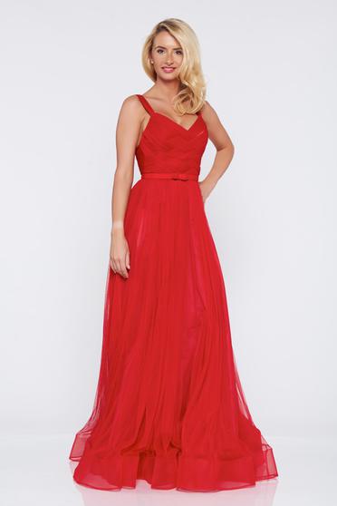 Rochie Ana Radu rosie de seara cu bretele accesorizata cu cordon