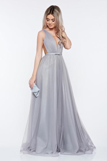 Rochie Ana Radu gri de lux din tul captusita pe interior cu decolteu in v