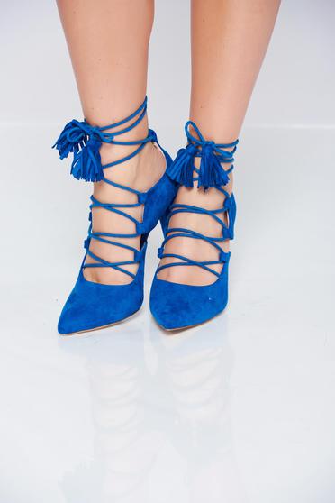 Pantofi stiletto albastri eleganti accesorizati cu snur cu toc inalt