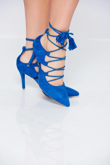 Pantofi stiletto albastri eleganti accesorizati cu snur cu toc inalt