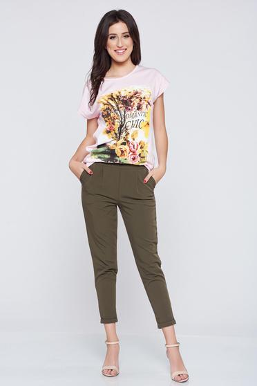 Pantaloni casual conici verde inchis cu elastic in talie