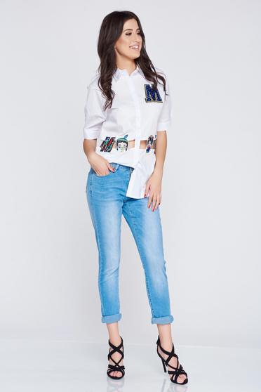 Camasa dama casual brodata alba cu decupaje in material
