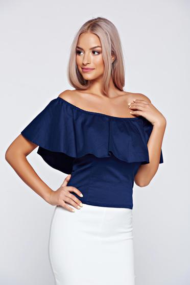 Top StarShinerS albastru-inchis casual pe umeri cu volanase