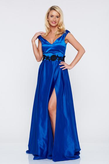 Rochie Artista albastra de ocazie din material satinat cu bust buretat
