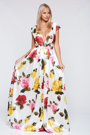 Rochie Artista alba de ocazie din material satinat cu decolteu in v