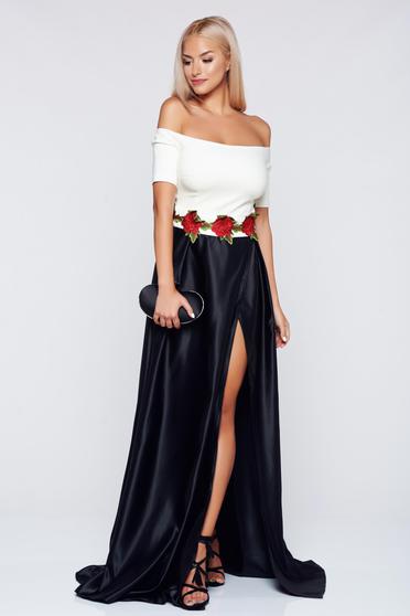 Rochie Artista neagra din material satinat cu insertii de broderie