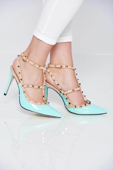 Pantofi stiletto mint cu toc inalt din piele ecologica lacuita cu tinte metalice