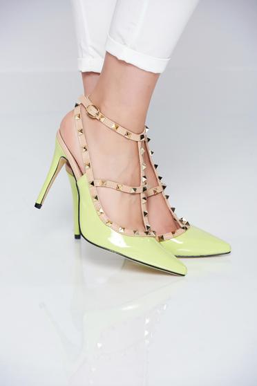 Pantofi stiletto verde-deschis cu toc inalt cu tinte metalice