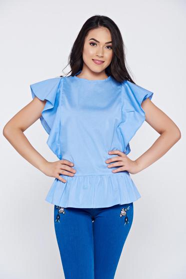 Bluza dama LaDonna albastra-deschis casual din bumbac cu volanase la maneca