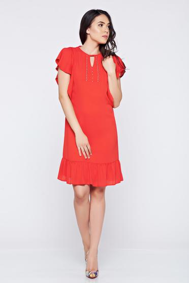 Rochie LaDonna corai din voal cu croi larg cu aplicatii cu margele