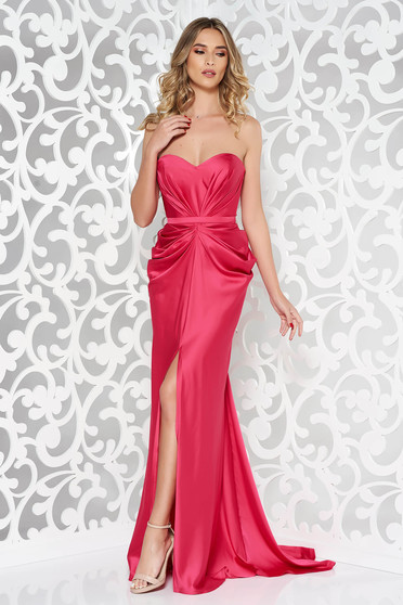 Rochie Ana Radu fuchsia de lux cu umeri goi din material satinat cu push-up accesorizata cu cordon