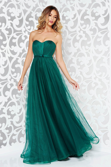 Rochie Ana Radu verde-inchis de lux in clos din tul captusita pe interior cu bust buretat