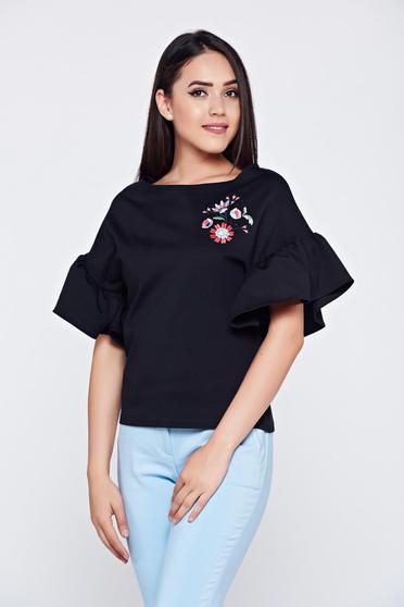 Bluza dama brodata cu croi larg StarShinerS neagra cu maneci tip fluture