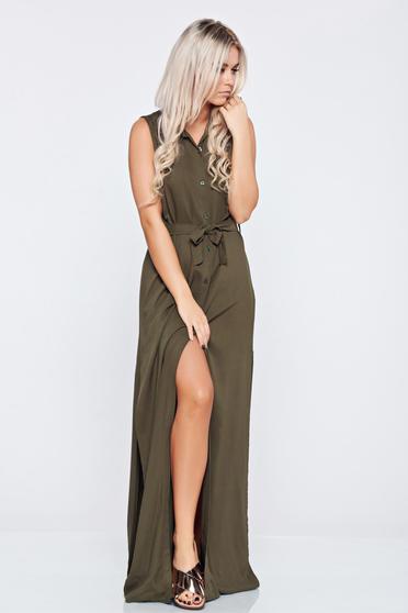 Rochie casual lunga verde-inchis accesorizata cu cordon