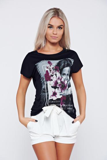 Tricou cu croi larg cu print negru cu maneca scurta