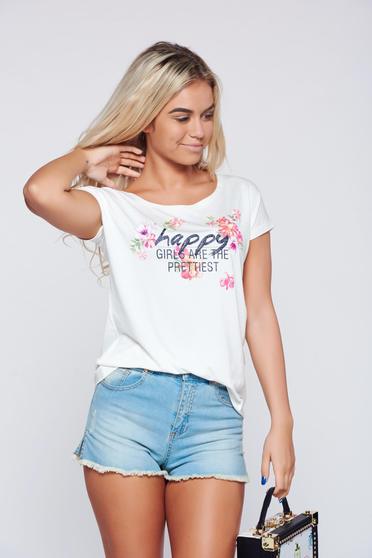 Tricou Top Secret alb casual din bumbac cu print