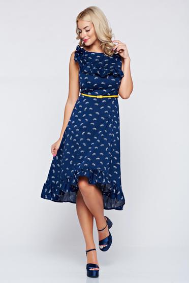 Rochie StarShinerS albastru-inchis cu croi asimetric cu volanase
