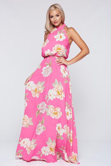 Rochie PrettyGirl corai cu elastic in talie cu imprimeuri florale