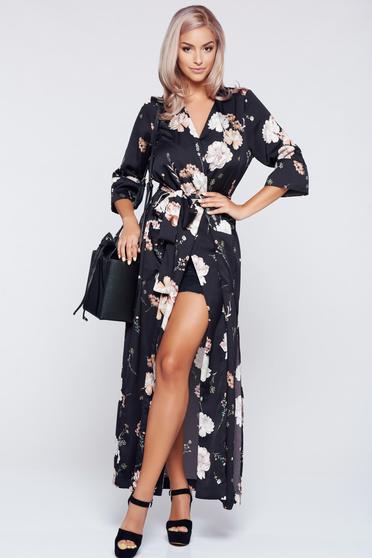 Rochie tip kimono PrettyGirl neagra cu croi larg accesorizata cu cordon