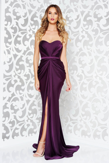 Rochie Ana Radu mov de lux cu umeri goi din material satinat cu push-up accesorizata cu cordon