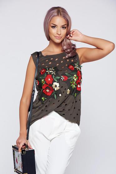 Top Ocassion verde-inchis cu croi larg cu insertii de broderie