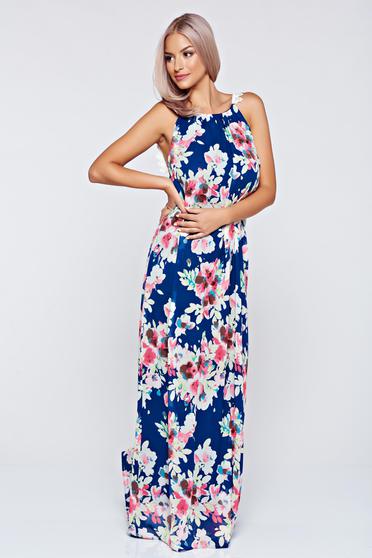 Rochie StarShinerS albastru-inchis din voal fara maneci captusita pe interior