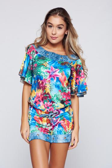 Salopeta Ocassion albastra casual cu imprimeu floral