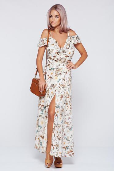 Rochie PrettyGirl crem din material vaporos cu volanase
