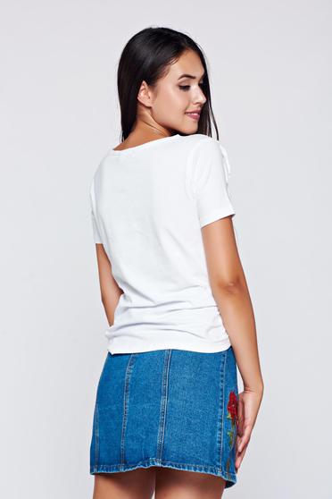 Tricou Top Secret alb casual din bumbac cu franjuri