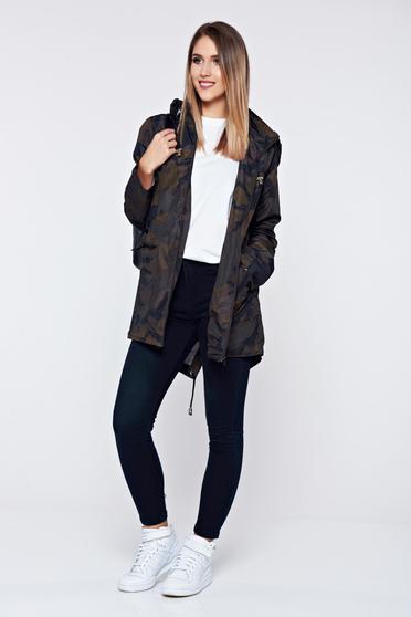 Geaca Top Secret khaki casual cu croi asimetric cu print
