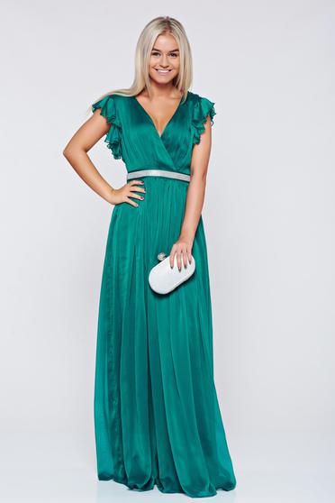 poze cu Rochie Artista verde de ocazie din material vaporos cu decolteu adanc