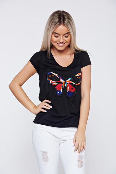 Tricou Top Secret negru casual brodat cu croi larg