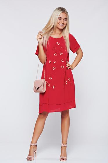 poze cu Rochie Top Secret rosie din bumbac brodata cu croi larg