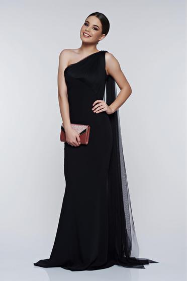Rochie Ana Radu neagra de ocazie cu tul pe umar