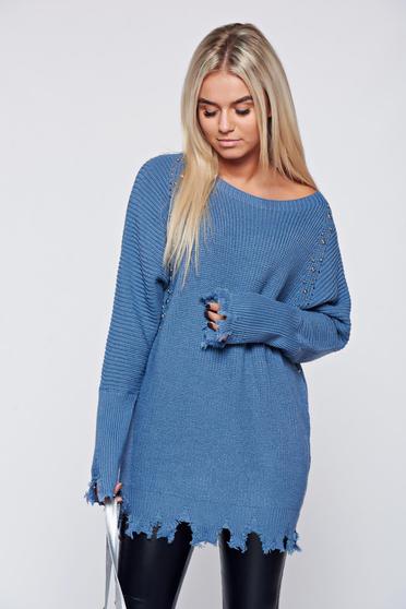 Pulover albastru casual tricotat cu tinte metalice