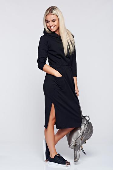 Rochie neagra casual din bumbac cu maneca lunga