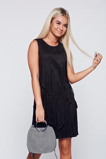 Rochie neagra din velur cu franjuri fara maneci