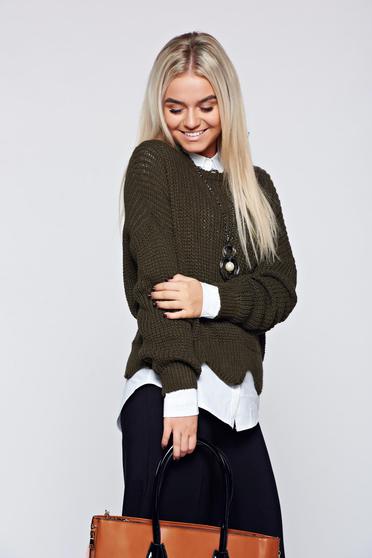 Pulover verde-inchis casual tricotat cu tiv decupat