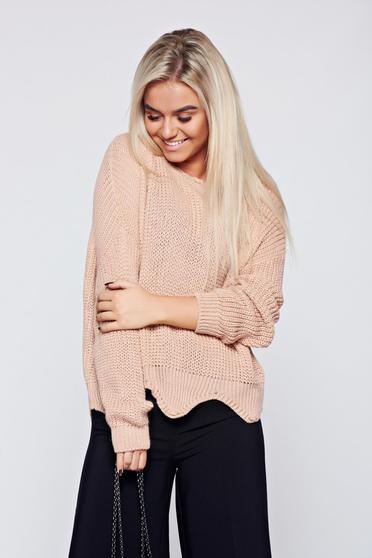 Pulover rosa casual tricotat cu tiv decupat
